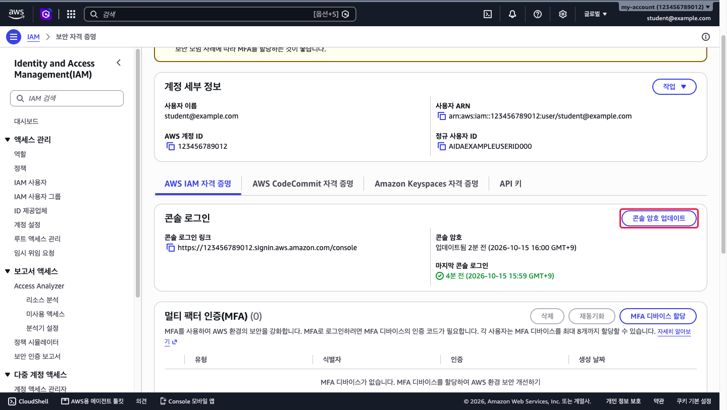 내 보안 자격 증명 페이지의 콘솔 암호 업데이트 버튼